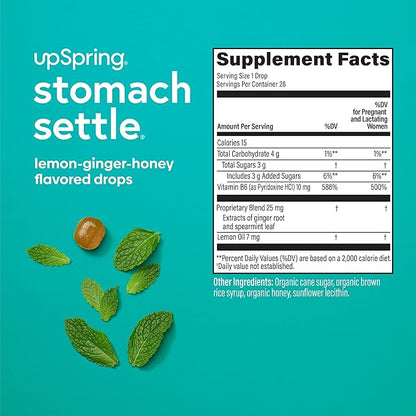 UpSpring Stomach Settle Drops for Occasional Nausea Relief/Upset Stomach with Ginger, Lemon, Spearmint, and B6. Mint Flavor Drops, 28 Ct(Packaging May Vary)