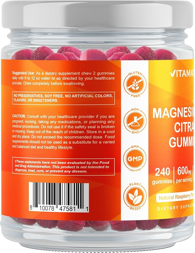 Vitamatic Magnesium Citrate Gummies 600mg per Serving - 240 Vegan Gummies - Natural Raspberry Flavor - High Absorption Magnesium Supplement - Supports Nerve, Bone and Muscle Health