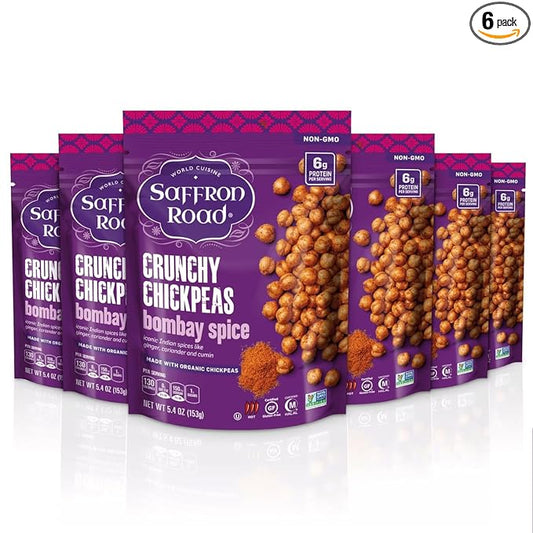 Saffron Road Roasted and Crunchy Bombay Spice Chickpeas | High Protein Snacks | Gluten-free, Vegan, Non-GMO, and Certified Halal and Kosher | 5.4oz Pouch | Pack of 6