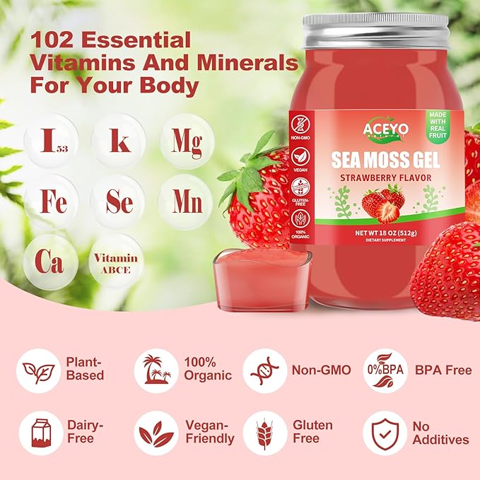 ACEYO (18 OZ) Irish Sea Moss Gel Raw Vegan Strawberry Flavor 102 Vitamins and Minerals Wild Harvested Non-GMO Immune Defense Booster Thyroid Digestive Support