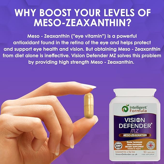 Vision Defender Meso Zeaxanthin Vegan Eye Supplement MZ- Protect and Improve Ocular Health & Eye Care, High Strength Antioxidant Carotenoid Meso-Zeaxanthin for Eyes (90 Capsules/One Daily) Made in UK