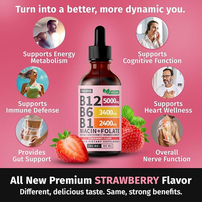 (4 Pack) Vitamin B12 and B6 Liquid Drops, B12 Sublingual Vitamin B Complex - B 12 Vitamin 5000mcg - B12 Methylcobalamin for Energy, Brain, and Heart Support with 27,200 mcg, Strawberry, 80 Servings