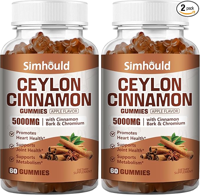2 Pack Ceylon Cinnamon Gummies 5000MG with Ceylon Cinnamon & Cassia,Joint Support,Cinnamon Supplement & Brain Health,Vegan,Gluten-Free,Cinnamon Apple Flavor,120 Gummies.