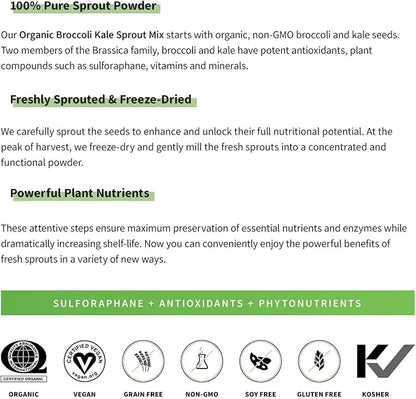 Sprout Living Broccoli and Kale Organic Sprout Mix, Freeze Dried Superfood Greens Powder, 100% Pure, Vegan, Non-GMO, Gluten Free (4 ounces, 32 servings)