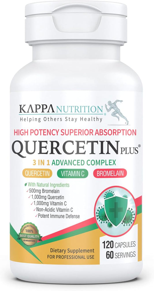 QUERCETIN PLUS, Quercetin 1,000mg, Bromelain 500mg and Vitamin C 1,000mg, (120 Capsules), 3 in 1 from Bioflavonoids, Supports Immune, Cardiovascular & Respiratory Health, Seasonal Allergy Relief.