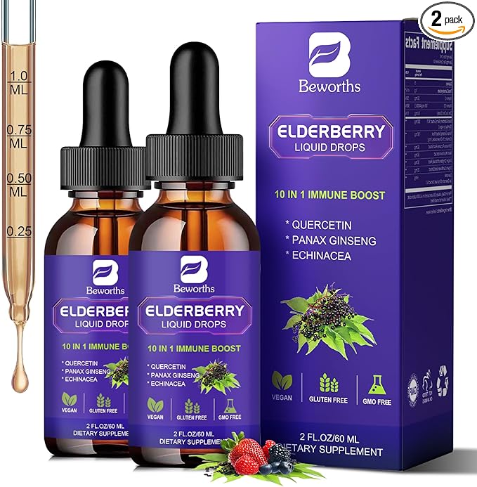 2 Pack Elderberry Syrup, Black Elderberry Drops with Quercetin, Panax Ginseng, Vitamin C and Zinc, Sambucus Elderberry Syrup Liquid for Immune Support, Vegan, Non-GMO & Gluten Free