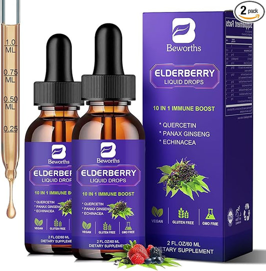 2 Pack Elderberry Syrup, Black Elderberry Drops with Quercetin, Panax Ginseng, Vitamin C and Zinc, Sambucus Elderberry Syrup Liquid for Immune Support, Vegan, Non-GMO & Gluten Free
