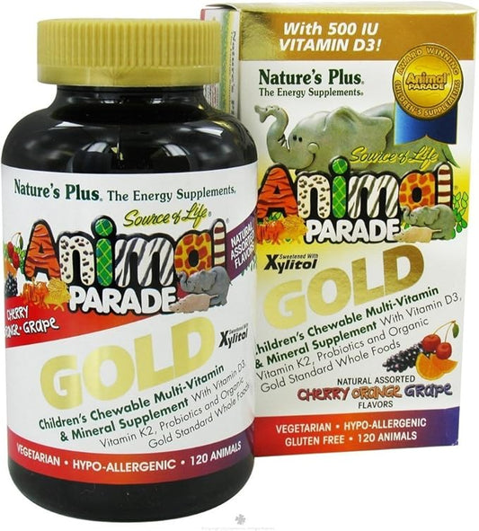 NaturesPlus Animal Parade Gold Children's Multivitamin - Assorted Cherry, Orange & Grape Flavors - 120 Animal-Shaped Chewable Tablets, Pack of 2 - Vegan, Gluten Free - 120 Total Servings