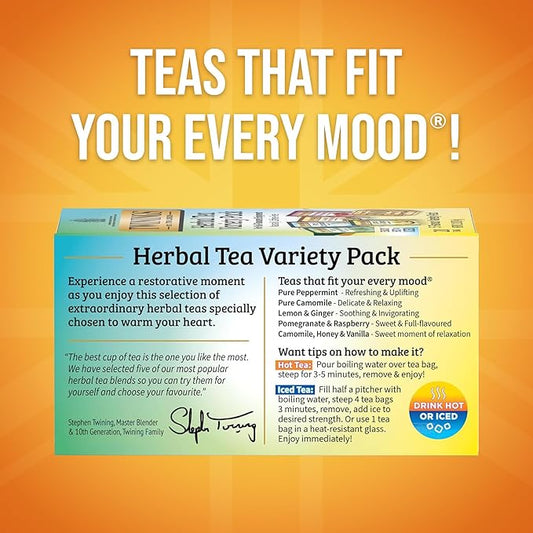 Twinings Herbal Tea Variety Pack, 20 Count (Pack of 6), Formerly Assorted Herbal, Includes 5 Flavours, Naturally Caffeine-Free, Enjoy Hot or Iced, 120 Teabags