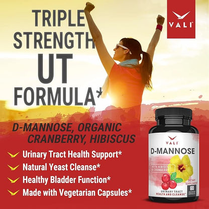 VALI D-Mannose 1000mg Urinary Tract Health Formula. Organic Cranberry Fruit Powder & Hibiscus. Healthy Bladder, Natural Cleanse, Fast Detox Flush, Herbal UT Function Support Pills. 60 Veggie Capsules