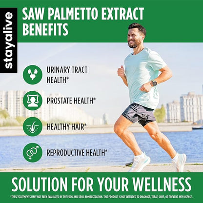STAY ALIVE Saw Palmetto Extract Capsules w/Cranberry & Pumpkin Seed Oil, 120 Vegan Pills for Hair, U.T & Prostate, Pure Saw Palmetto for Men and Women, Non-GMO, Gluten Free Pumpkin Seed Supplement