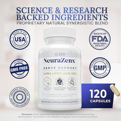 Zen Nutrients NeuraZenX Nerve Support & Peripheral Neuropathy Support Supplement with 1200mg Alpha Lipoic Acid (ALA), Benfotiamine, L-Carnitine, and Turmeric