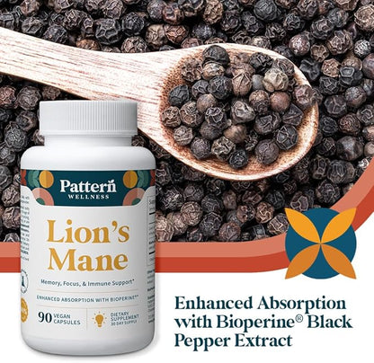 Pattern Wellness Lion’s Mane Mushroom – Supplement Capsules for Cognitive & Focus Support – Enhanced Absorption – 90 Vegan Capsules
