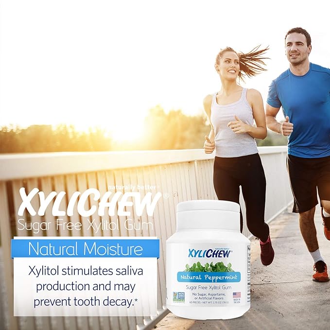 Xylichew 100% Xylitol Chewing Gum - Non GMO, Non Aspartame, Gluten Free, and Sugar Free Gum - Natural Oral Care, Relieves Bad Breath and Dry Mouth - Peppermint, 60 Count