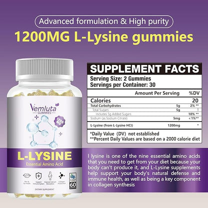 1 Pack 1200 MG L-Lysine Gummies for Immune Support & Collagen Boost - Chewable Lysine Supplement for Adults, Lip ＆ Cold Sore* Support for Women,Blueberry, Non-GMO, Gluten Free,60 Counts