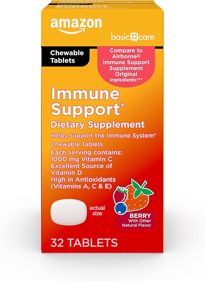 Amazon Basic Care - Immune Support Supplement, Berry Chew Tablets, excellent source of the body-essential sunshine Vitamin D, 32 Count