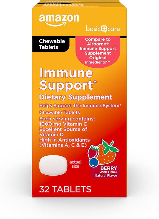 Amazon Basic Care - Immune Support Supplement, Berry Chew Tablets, excellent source of the body-essential sunshine Vitamin D, 32 Count
