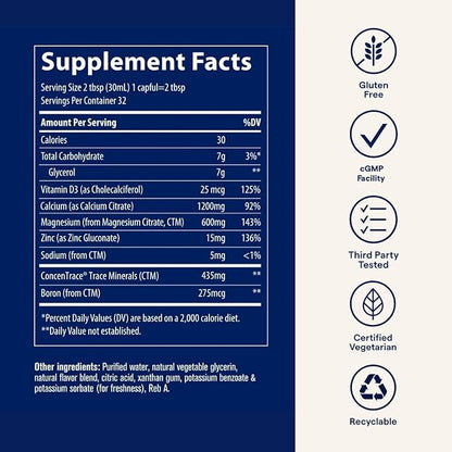 Trace Minerals | Liquid Cal/Mag/Zinc | Calcium, Magnesium, Zinc, Vitamin D3 Supplement | Supports Normal Tissue, Muscle, and Bone Density | Natural Strawberry Flavor | 32 Servings, 32 fl oz.