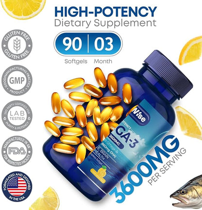 Triple Strength Omega 3 Fish Oil 3600mg – 1300mg EPA & 860mg DHA- Once Daily – Burpless Lemon Flavor, – Supports Heart, Brain, Joint & Eye Health – Wild Caught, Non-GMO, 90 Softgels, 3-Month Supply