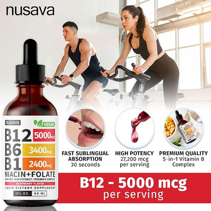 (2 Pack) Vitamin B12 and B6 Liquid Drops, B12 Sublingual Vitamin B Complex - B 12 Vitamin 5000mcg - B12 Methylcobalamin for Energy, Brain, and Heart Support with 27,200 mcg, Raspberry, 80 Servings