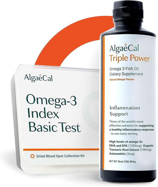 ALGAECAL Triple Power: 1200mg EPA & DHA Omega-3s Fish Oil Supplement, Supporting Brain, Heart, Skin & Bones, and Omega-3 Home Test Kit: Easy at-Home Testing with Pre-Paid Return Envelope