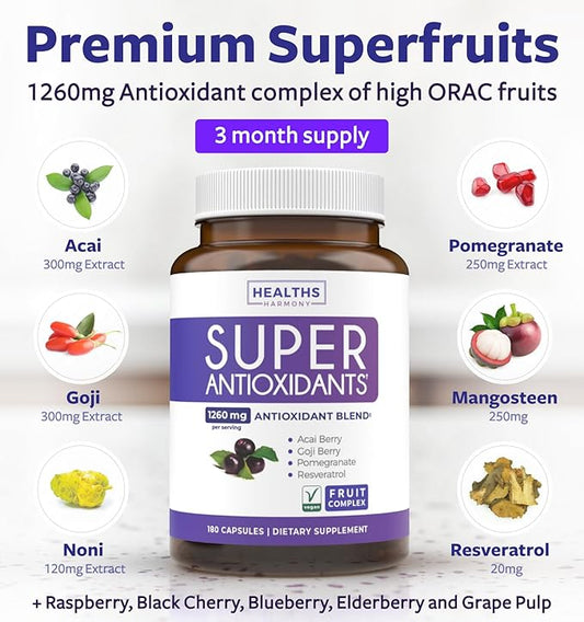 Super Antioxidants Supplement - Powerful Super Food Antioxidant Daily Blend - Acai Berry, Goji, Pomegranate & Trans Resveratrol - Herbal and Fruit Formula For Women and Men - Skin Care - 180 Capsules