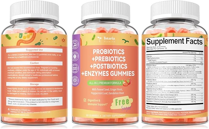 (2 Packs) Totaria Sugar Free 5-in-1 Probiotic Prebiotic Postbiotic Gummy, Probiotics for Women Men with Digestive Enzymes, Peppermint, Complete Immune, Gut & Digestive Support, Vegan Strawberry Flavor