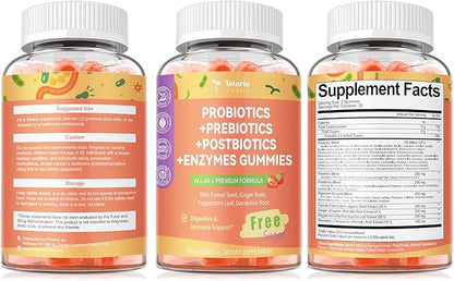 (2 Packs) Totaria Sugar Free 5-in-1 Probiotic Prebiotic Postbiotic Gummy, Probiotics for Women Men with Digestive Enzymes, Peppermint, Complete Immune, Gut & Digestive Support, Vegan Strawberry Flavor