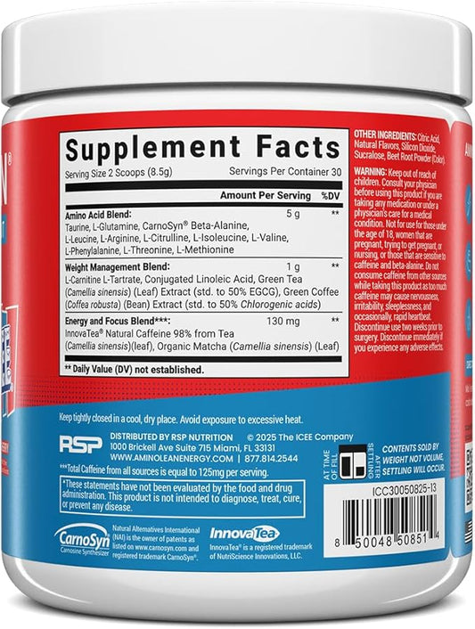 AminoLean x ICEE Pre Workout Powder, Amino Energy with Natural Caffeine from Green Tea, Vegan BCAA Amino Acids, Cherry, 30 Servings
