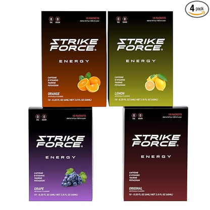Strike Force Energy Drink Mix - 4 Flavor Variety Pack - Natural Tasting Caffeine Drink - Turn Any Drink into a Healthy Energy Drink - Zero Calories, Keto Friendly, Sugar Free, Pre Workout (40 Liquid Packets)
