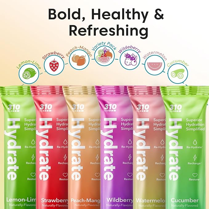 310 Hydrate Electrolyte Powder Packets – Key Vitamins & Minerals – No Sugar – Keto Friendly Hydration Drink – 30 Single Servings, Lemon Lime Flavor