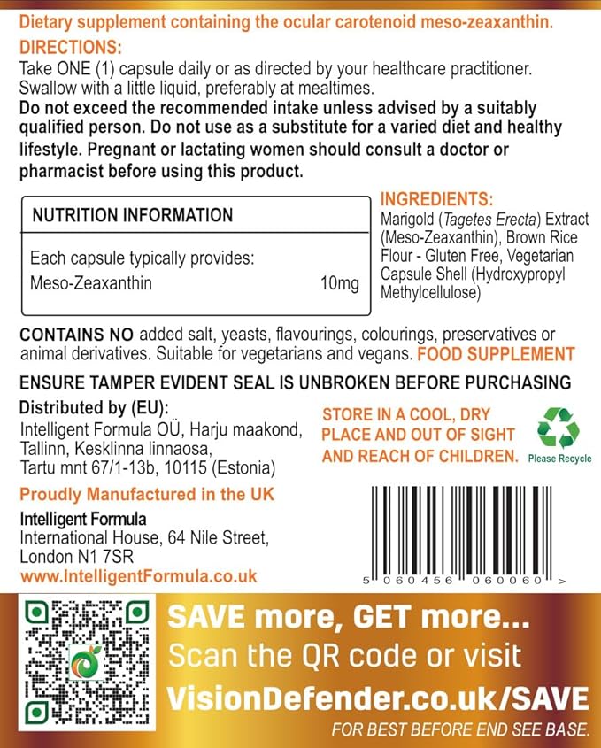 Vision Defender Meso Zeaxanthin Vegan Eye Supplement MZ- Protect and Improve Ocular Health & Eye Care, High Strength Antioxidant Carotenoid Meso-Zeaxanthin for Eyes (90 Capsules/One Daily) Made in UK