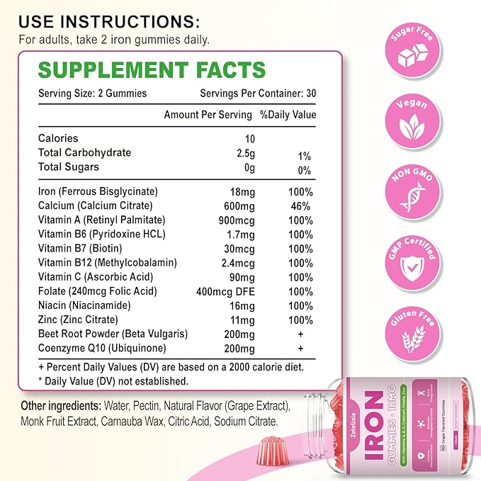 Vegan Iron Supplement Gummies for Women & Men, Anemia, Blood Builder & Energy Support for Iron Deficiency, with Vitamin C, A, B Complex, Folate, Beet Root, CoQ10, Zinc, Sugar Free, 60 Count