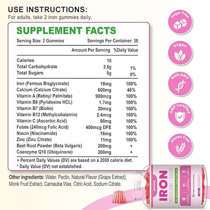 Vegan Iron Supplement Gummies for Women & Men, Anemia, Blood Builder & Energy Support for Iron Deficiency, with Vitamin C, A, B Complex, Folate, Beet Root, CoQ10, Zinc, Sugar Free, 60 Count