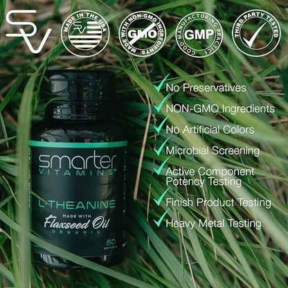 Smarter L-Theanine 250mg Supplement, in Non-GMO Flaxseed Oil, 50 Liquid Softgels