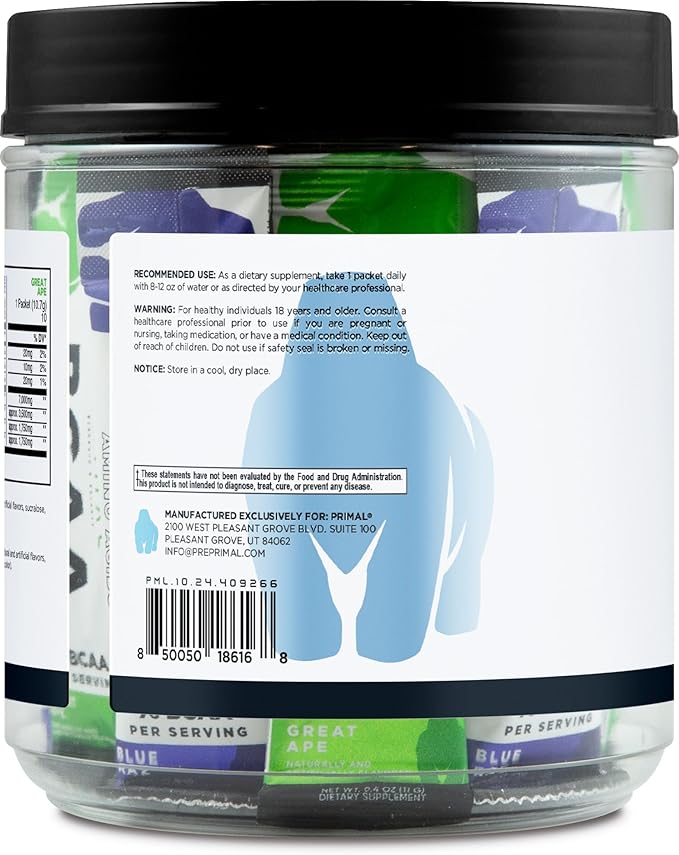 Primal BCAA Variety Pack, Blue Raspberry + Great Ape Green Apple Flavored (20 Stickpacks) - 7G BCAA per Serving, Branched Chain Amino Acids
