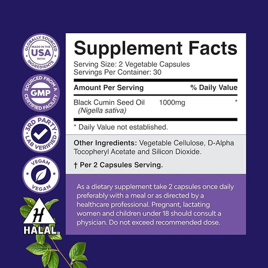 Vegan Black Seed Oil Capsules - Cold Pressed Nigella Sativa Black Cumin Seed Oil Capsules with Omega 3 6 9 Antioxidants and Thymoquinone for Hair Growth Immune Support Joint Health and Digestion