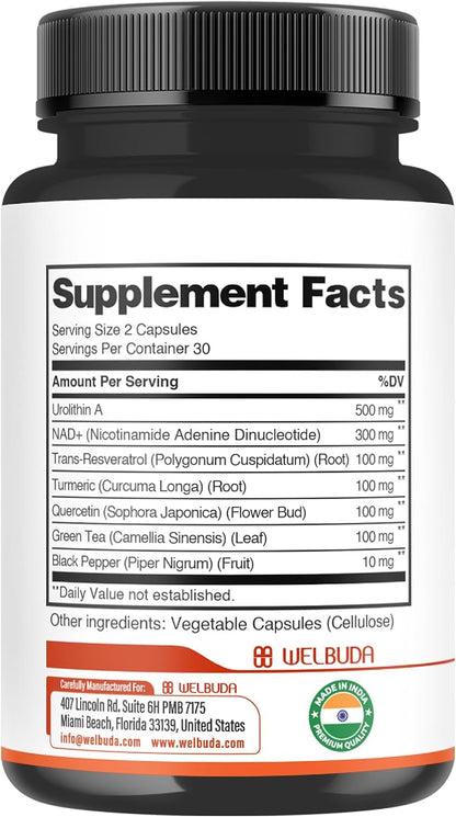 7in1 Urolithin A Capsules 500mg with NAD+, Resveratrol, Curcumin and Quercetin Supplement for Men Women - 60 Capsules - 30 Days Supply