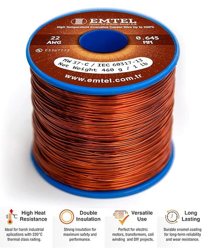 22 AWG - 1 lb (505 feet) 99.9% Pure Copper Wire, Enameled Magnetic Wire for Motor, Transformer, Magnetic Coil, & Electroculture Gardening, Winding Magnet Wire - 220°C (428°F) Thermal Class