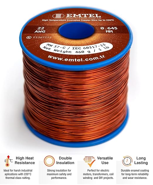 22 AWG - 1 lb (505 feet) 99.9% Pure Copper Wire, Enameled Magnetic Wire for Motor, Transformer, Magnetic Coil, & Electroculture Gardening, Winding Magnet Wire - 220°C (428°F) Thermal Class