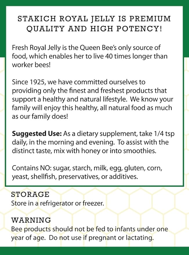 Stakich Fresh Royal Jelly - Pure, All Natural - No Additives/Flavors/Preservatives Added - 8 Ounce (227 Gram)