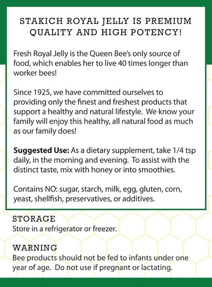 Stakich Fresh Royal Jelly - Pure, All Natural - No Additives/Flavors/Preservatives Added - 8 Ounce (227 Gram)