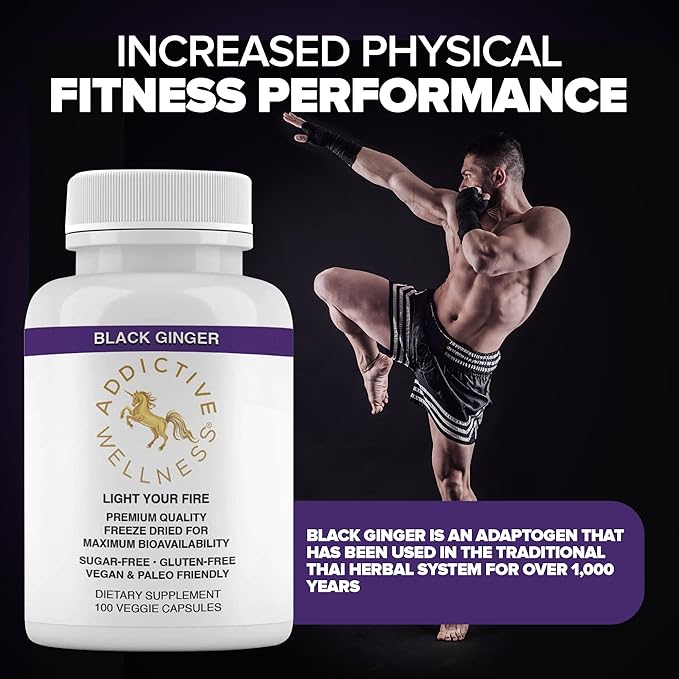 Addictive Wellness Black Ginger Capsules 450mg, Kaempferia Parviflora Supplement to Support Energy, Metabolism, Endurance & Performance, Thai Black Ginger for Men, Vegan & Paleo, 100 Count