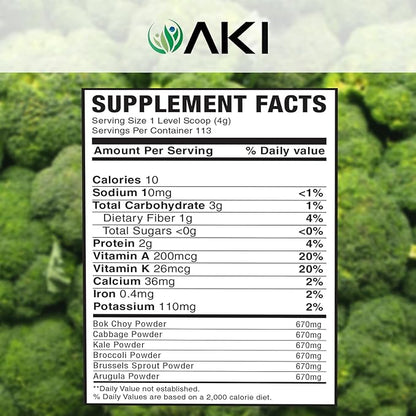 AKI Cruciferous Superfood Green Mix Powder - Made from Kale, Broccoli, Brussels Sprouts, Cabbage - Packed with Essential Phytonutrients & Vitamins ((16oz/454g))