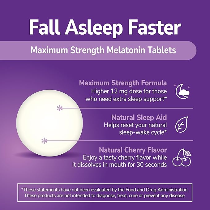 21st Century Melatonin 12 mg Quick Dissolve Max Strength Tablets, (120 Count) Sleep Aid for Adults, Cherry Flavored Sleep Supplement, Gluten-Free, No Artificial Colors or Preservatives