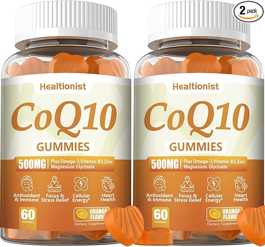 2 Pack 500MG Coq10 Gummies - 3X Better Absorption, Plus Omega-3, Magnesium, Vitamin B3 & Zinc - Coenzyme Q10 Supplements for Heart Health, Cellular Energy & Antioxidant, Vegan, 120 Counts