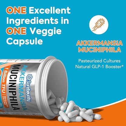 Akkermansia Probiotic GLP-1, 1 Billion TFU, Akkermansia Muciniphila with Prebiotic Inulin Fiber, Gut Health for Men & Women, Vegan, Non-GMO, 30 Caps