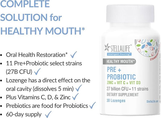 StellaLife Probiotics Oral PRE+PROBIOTICS LOZENGES: 27B CFU, 11 Strains, Dental Probiotics for Healthy Teeth/Gums, Bad Breath, VIT C & D, Zinc, Strawberry Flavor (30-Day Supply)
