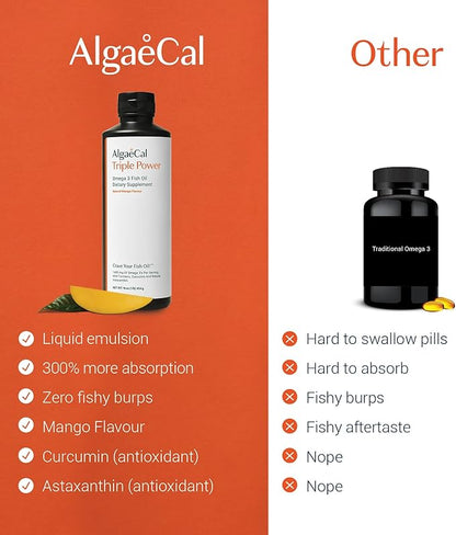 ALGAECAL Triple Power 1200mg EPA & DHA Omega 3 Fish Oil Supplement, Supporting Brain, Heart, Skin & Bones, Liquid Emulsion Mango Taste, Burp-Less, Sugar-Free, Made in USA