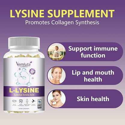 2 Packs 1200 MG L-Lysine Gummies for Immune Support & Collagen Boost - Chewable Lysine Supplement for Adults, Lip ＆ Cold Sore* Support for Women,Blueberry, Non-GMO, Gluten Free,120 Counts